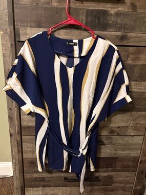 SHEIN Navy White and Gold Vertical-Stripe Tie Front Blouse